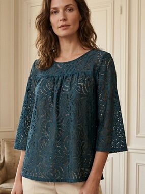 NWT Loft Outlet Teal Lace Overlay Top SP | Oversized 3/4 Sleeve